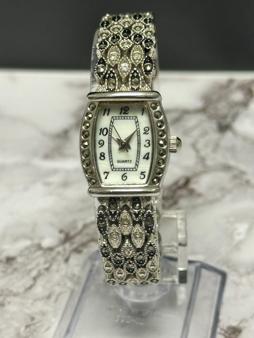 M. Z. Berger Marcasite Watch Silver Tone White Dial Ornate New Battery 7 inch